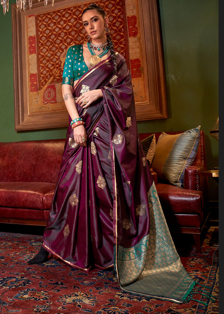 Maroon Purple Satin Silk Saree with All-Over Zari Butta Weave