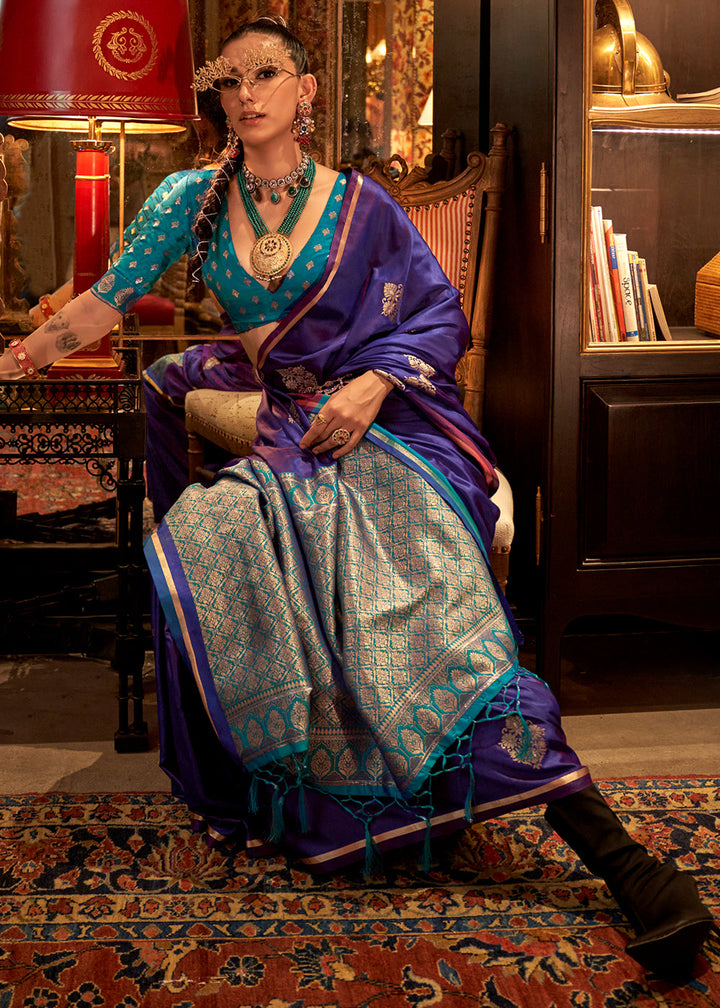 Dark Purple Satin Silk Saree with All-Over Zari Butta Weave