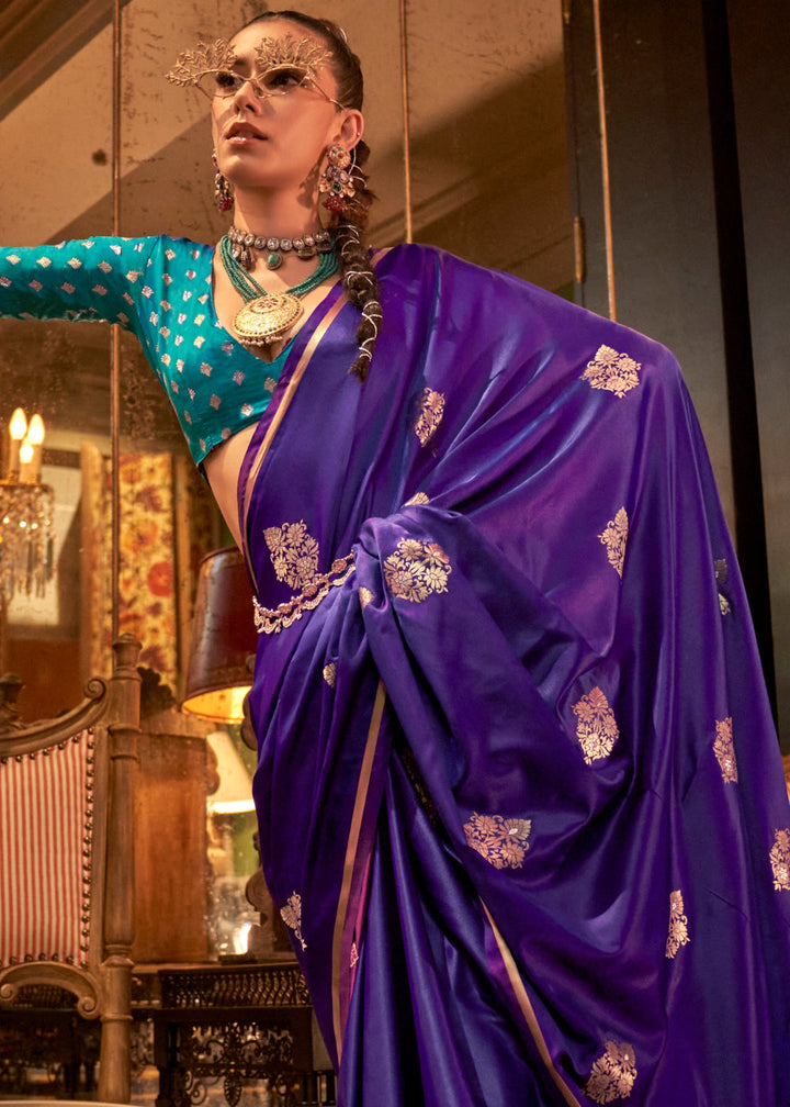 Dark Purple Satin Silk Saree with All-Over Zari Butta Weave