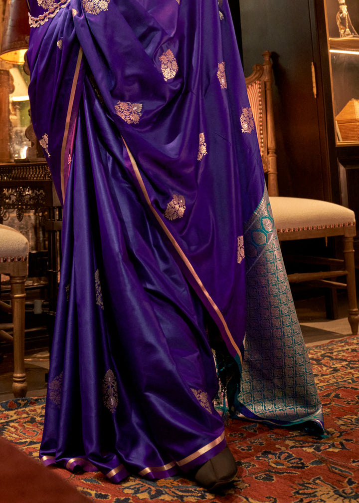 Dark Purple Satin Silk Saree with All-Over Zari Butta Weave