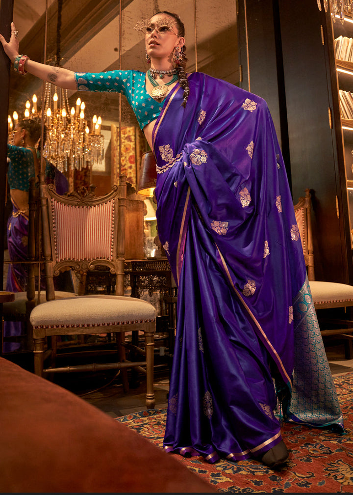 Dark Purple Satin Silk Saree with All-Over Zari Butta Weave