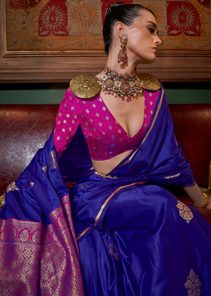 Azure Blue Blue Satin Silk Saree with All-Over Zari Butta Weave