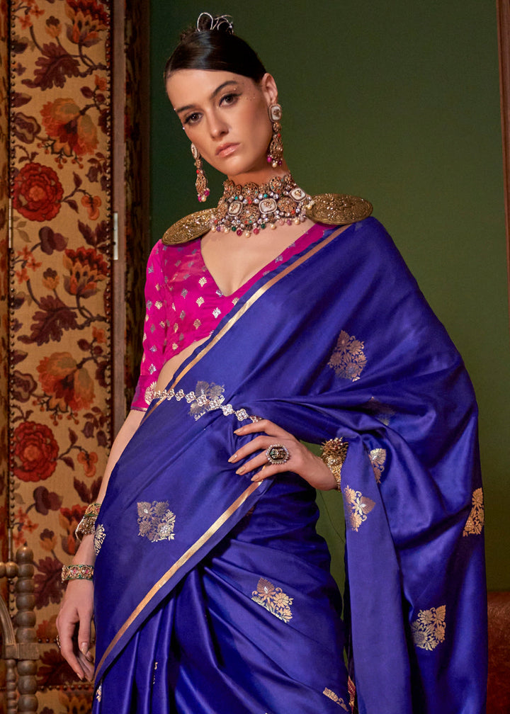 Azure Blue Blue Satin Silk Saree with All-Over Zari Butta Weave