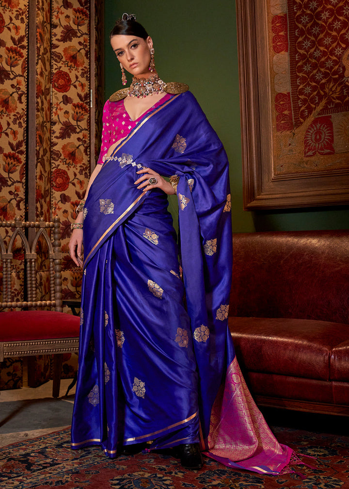 Azure Blue Blue Satin Silk Saree with All-Over Zari Butta Weave