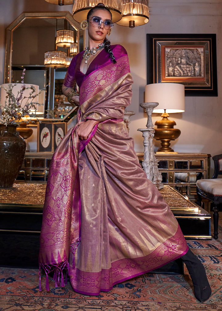 Wild Orchid Pink Tissue Silk Saree with Handwoven Zari and Contrast Pallu & Blouse