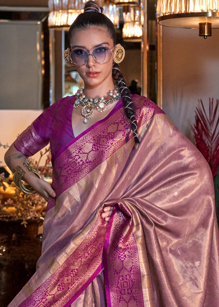 Wild Orchid Pink Tissue Silk Saree with Handwoven Zari and Contrast Pallu & Blouse