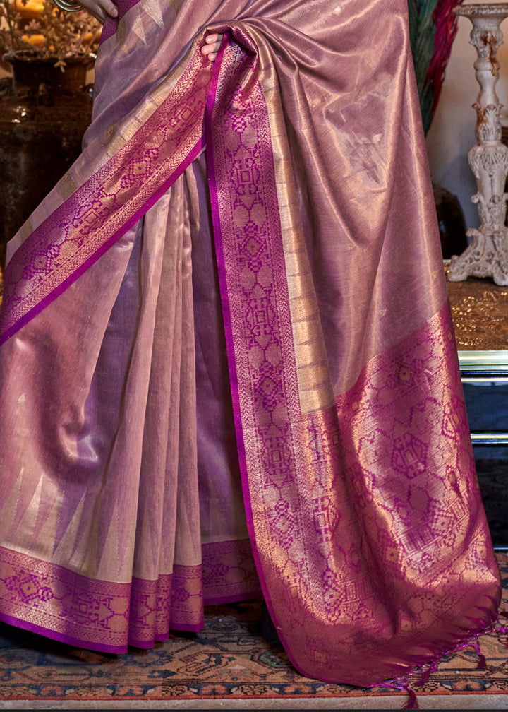 Wild Orchid Pink Tissue Silk Saree with Handwoven Zari and Contrast Pallu & Blouse