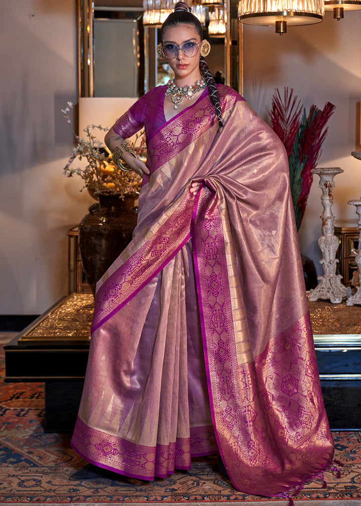 Wild Orchid Pink Tissue Silk Saree with Handwoven Zari and Contrast Pallu & Blouse