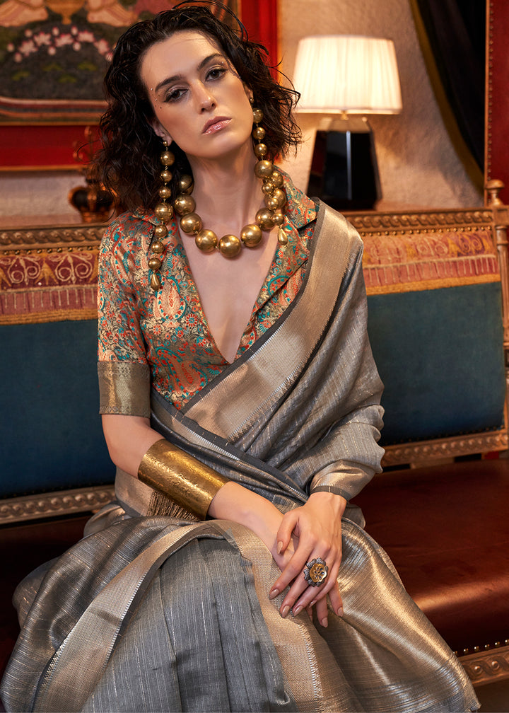 Iron Grey Handwoven Chiffon Silk Saree
