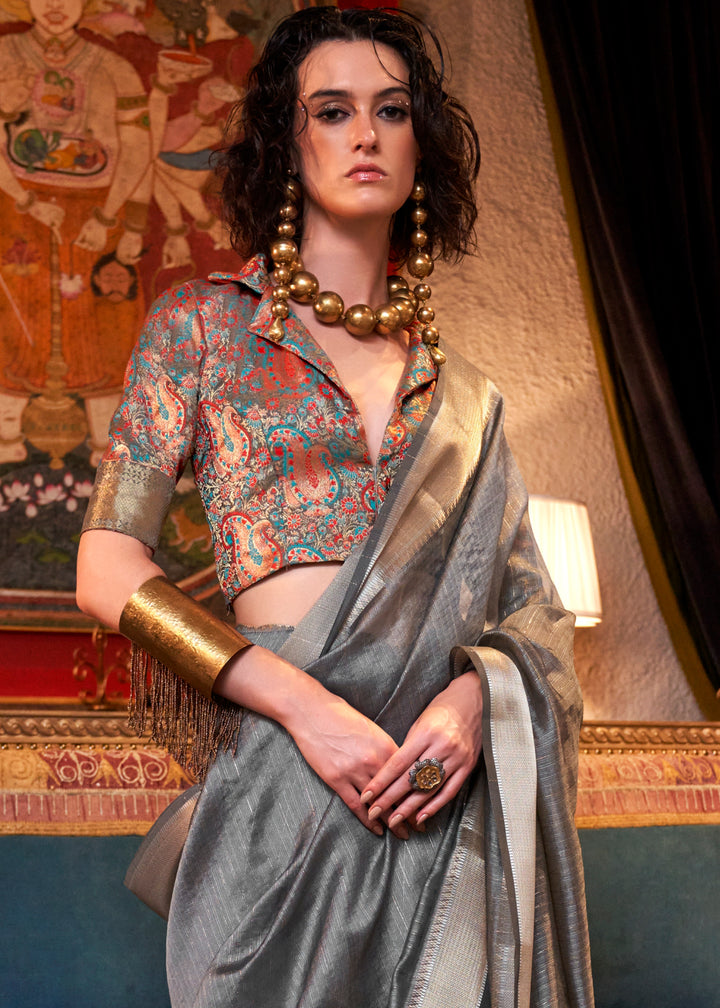 Iron Grey Handwoven Chiffon Silk Saree