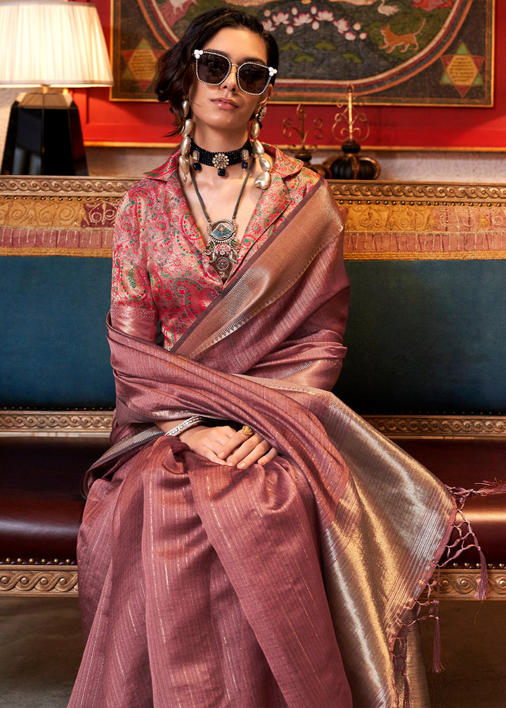 Dark Blush Pink Handwoven Chiffon Silk Saree