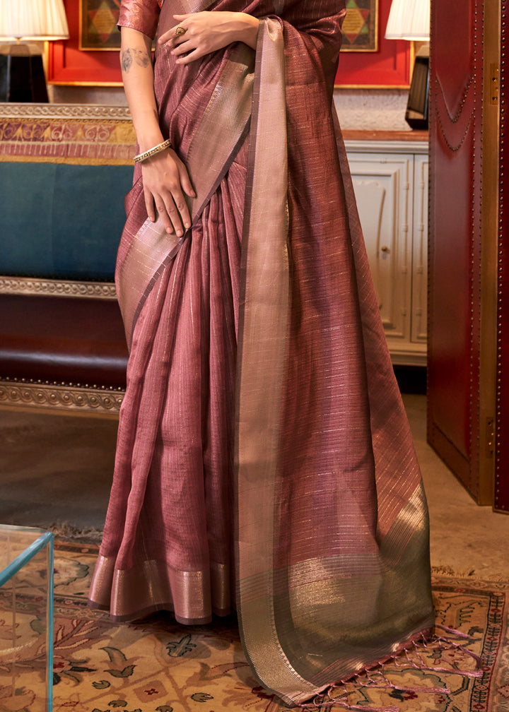 Dark Blush Pink Handwoven Chiffon Silk Saree