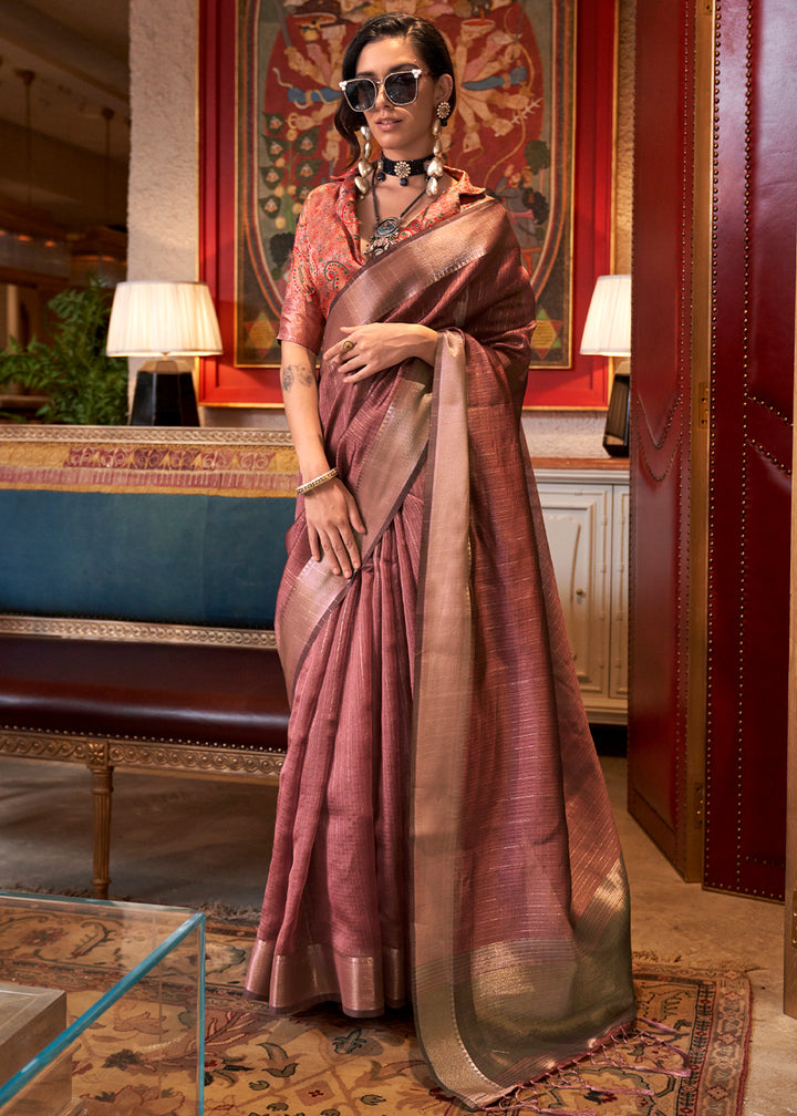 Dark Blush Pink Handwoven Chiffon Silk Saree