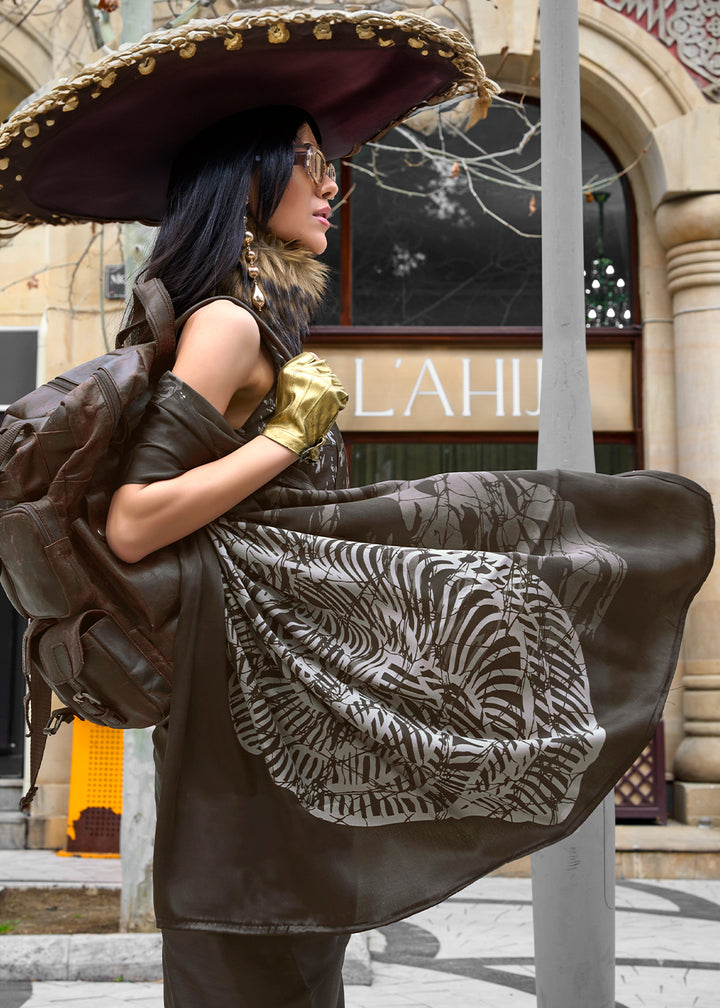 Ash Grey Contemporary Printed Satin Crepe Sarees