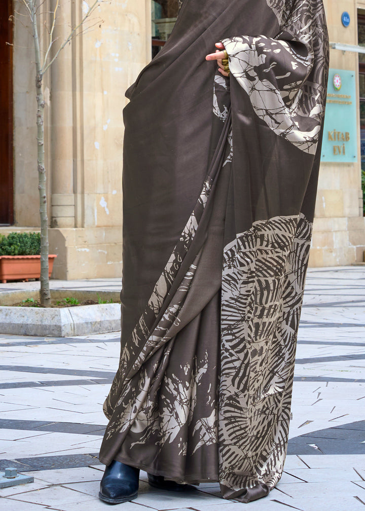 Ash Grey Contemporary Printed Satin Crepe Sarees