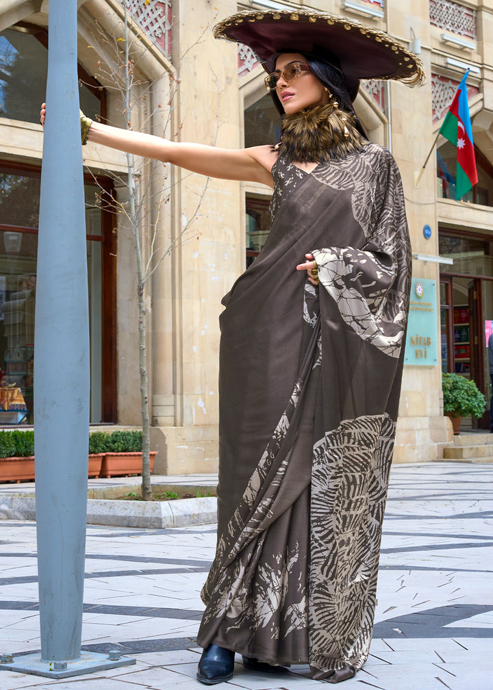 Ash Grey Contemporary Printed Satin Crepe Sarees