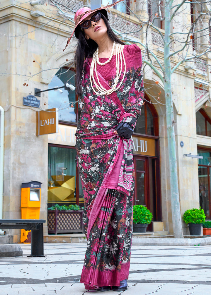 Mystic Pink Contemporary Printed Satin Crepe Sarees