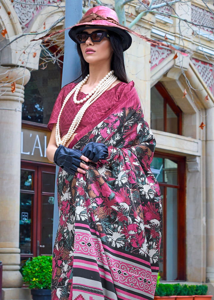 Mystic Pink Contemporary Printed Satin Crepe Sarees