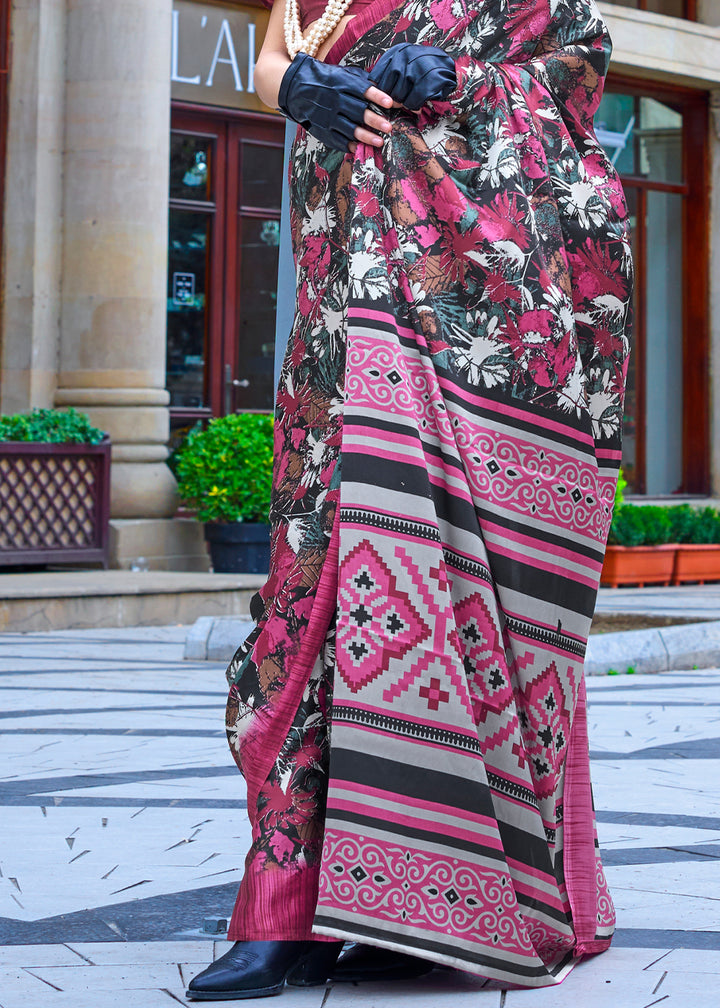 Mystic Pink Contemporary Printed Satin Crepe Sarees