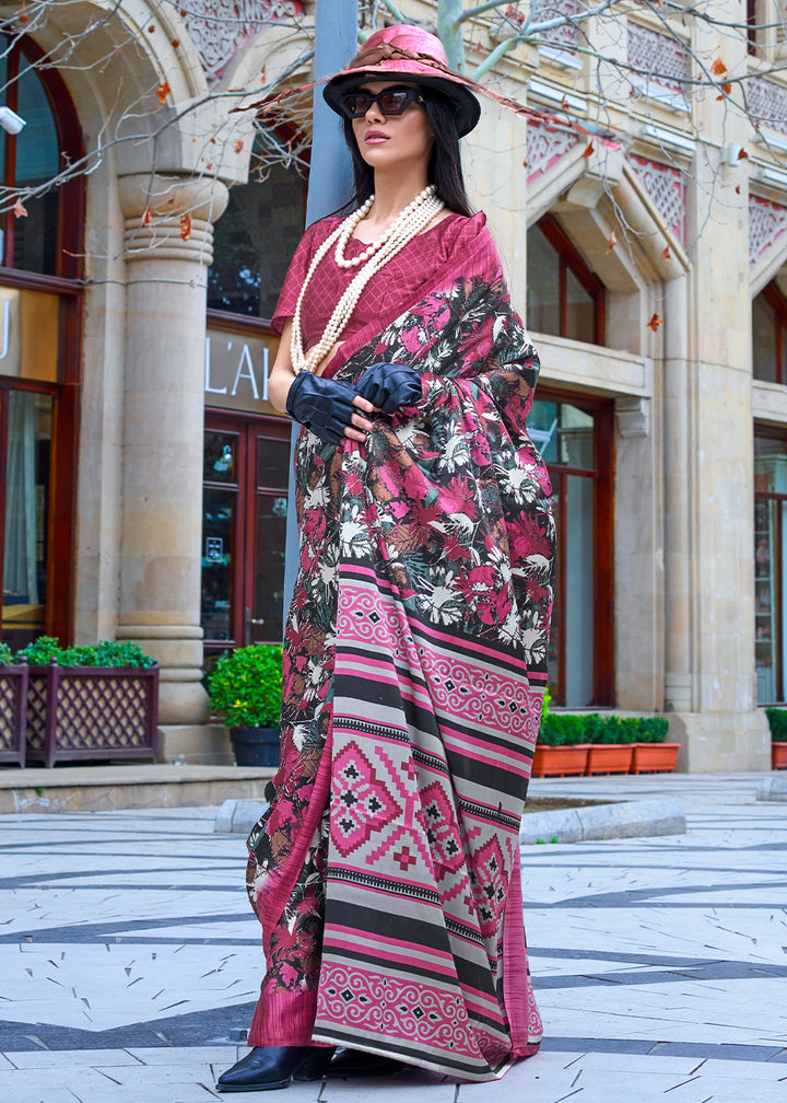 Mystic Pink Contemporary Printed Satin Crepe Sarees