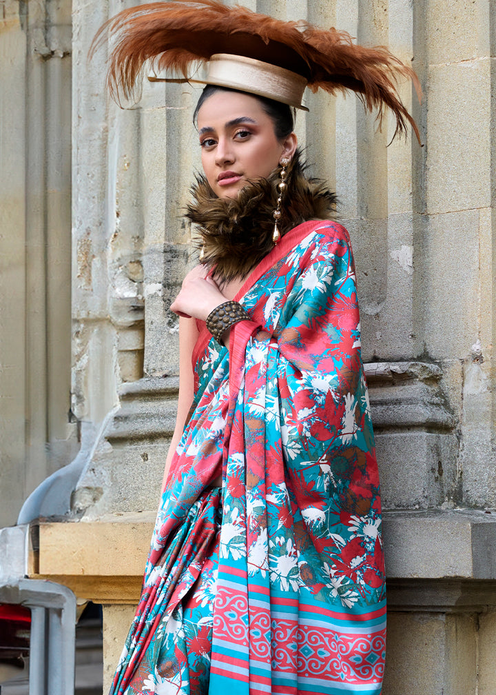 Capri Blue Contemporary Printed Satin Crepe Sarees