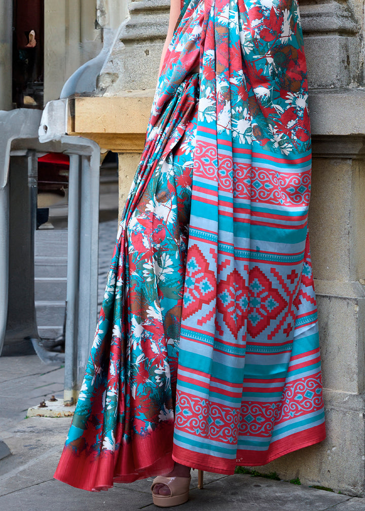 Capri Blue Contemporary Printed Satin Crepe Sarees