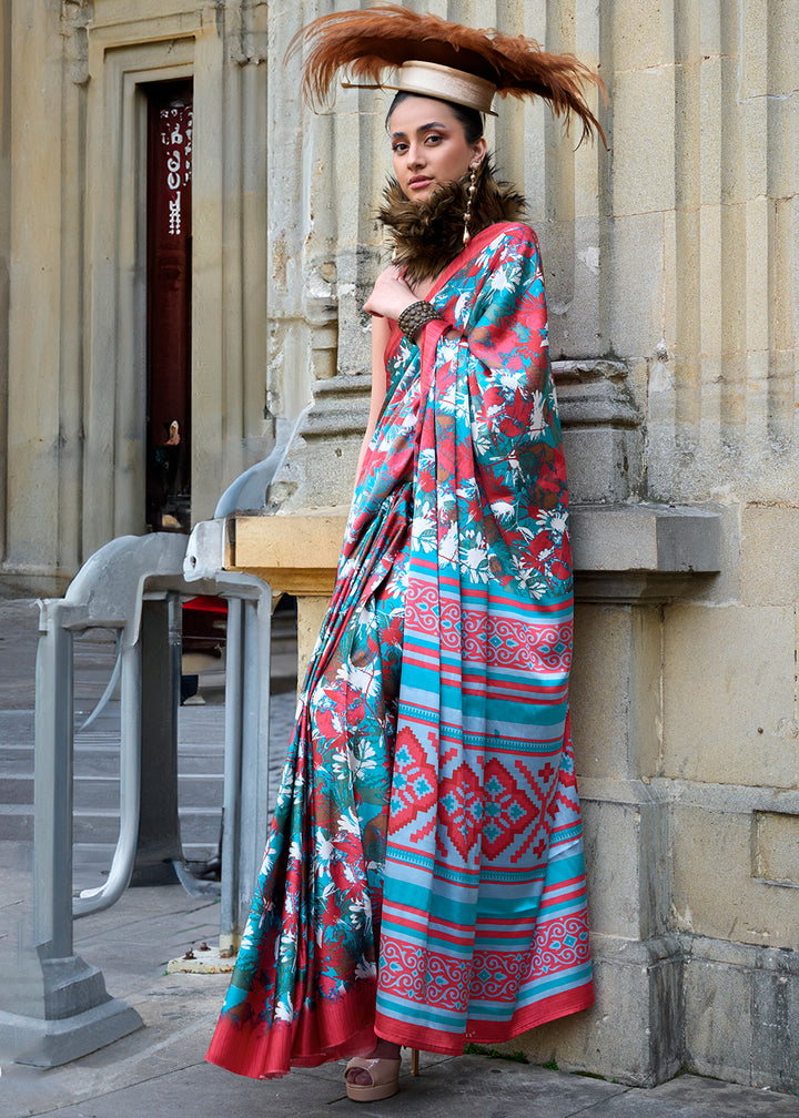 Capri Blue Contemporary Printed Satin Crepe Sarees