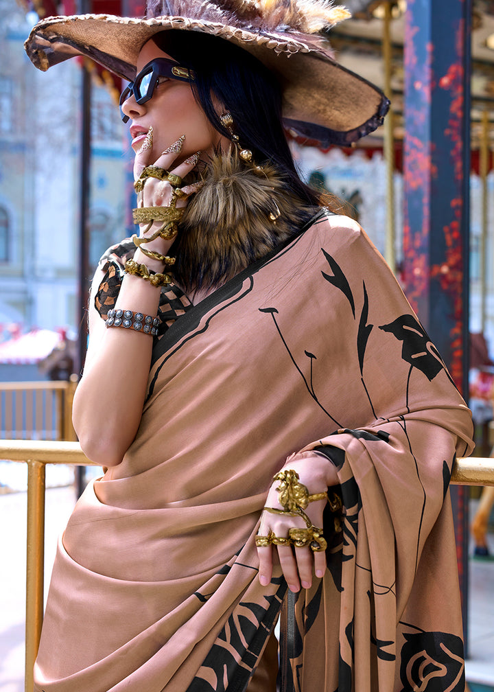 Saddle Brown Contemporary Printed Satin Crepe Sarees
