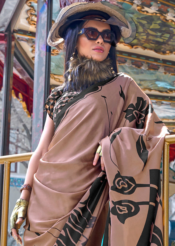 Saddle Brown Contemporary Printed Satin Crepe Sarees