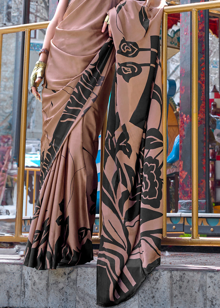 Saddle Brown Contemporary Printed Satin Crepe Sarees