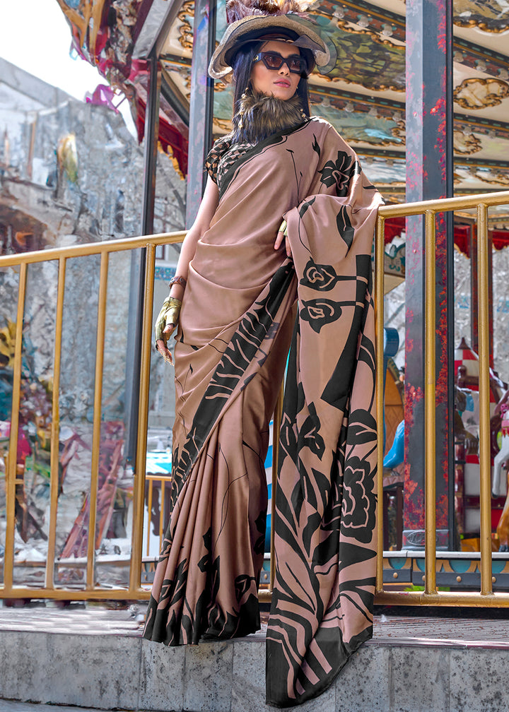 Saddle Brown Contemporary Printed Satin Crepe Sarees