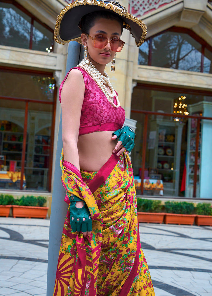 Canary Yellow Contemporary Printed Satin Crepe Sarees
