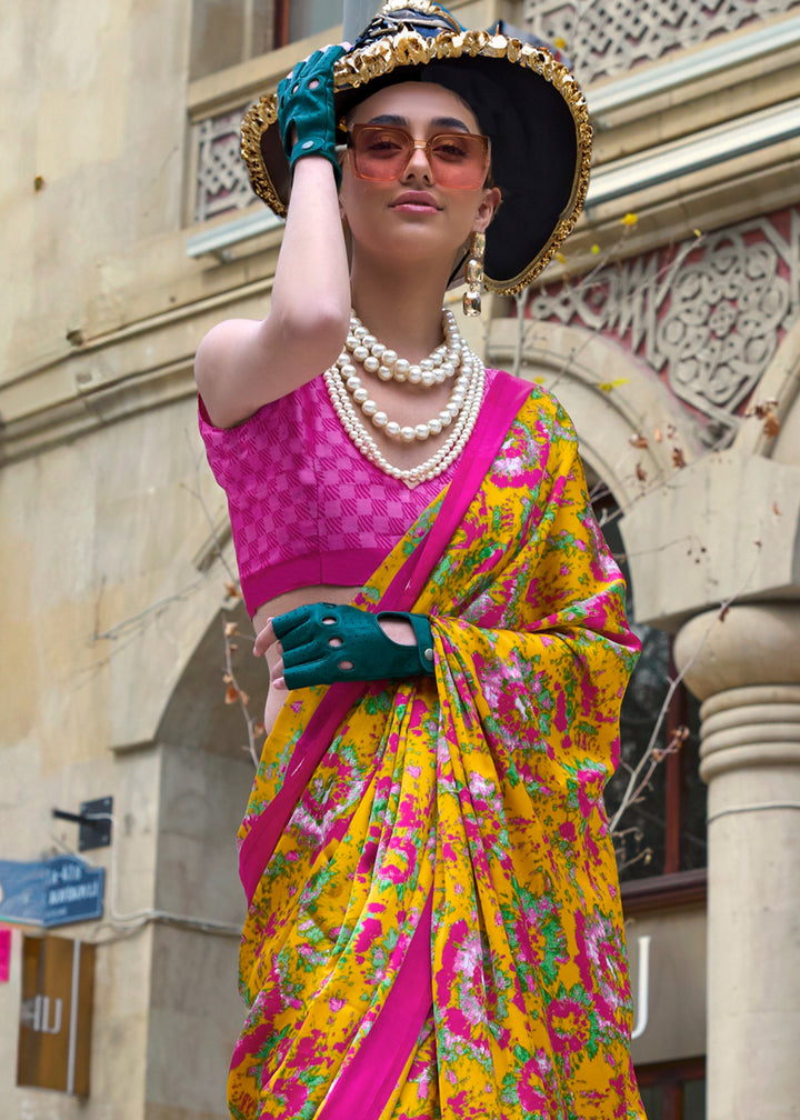 Canary Yellow Contemporary Printed Satin Crepe Sarees