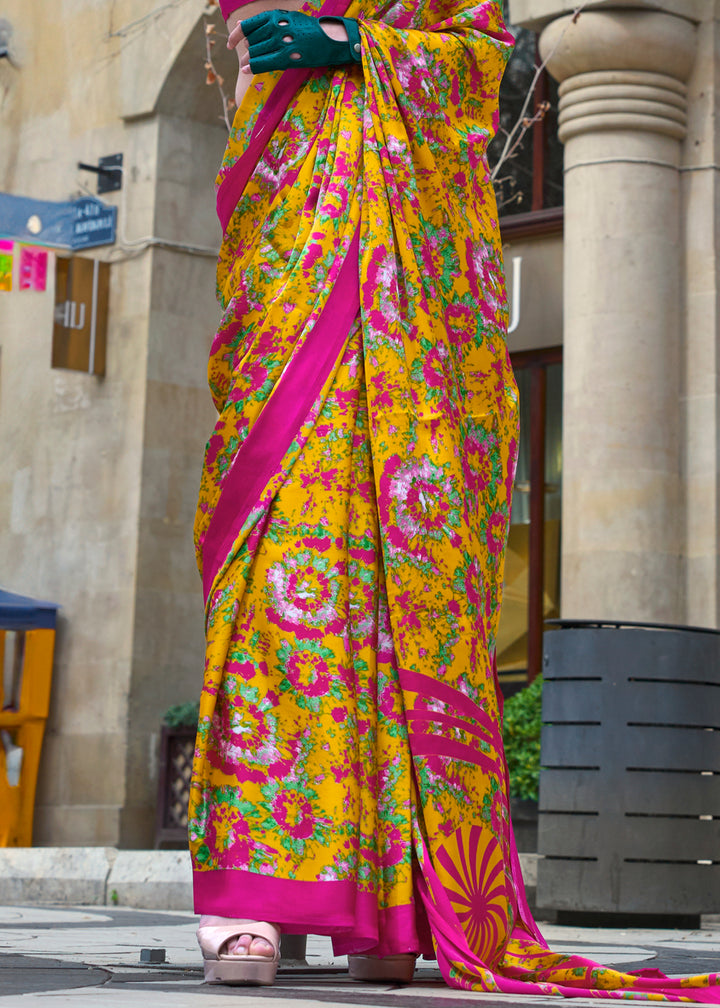Canary Yellow Contemporary Printed Satin Crepe Sarees