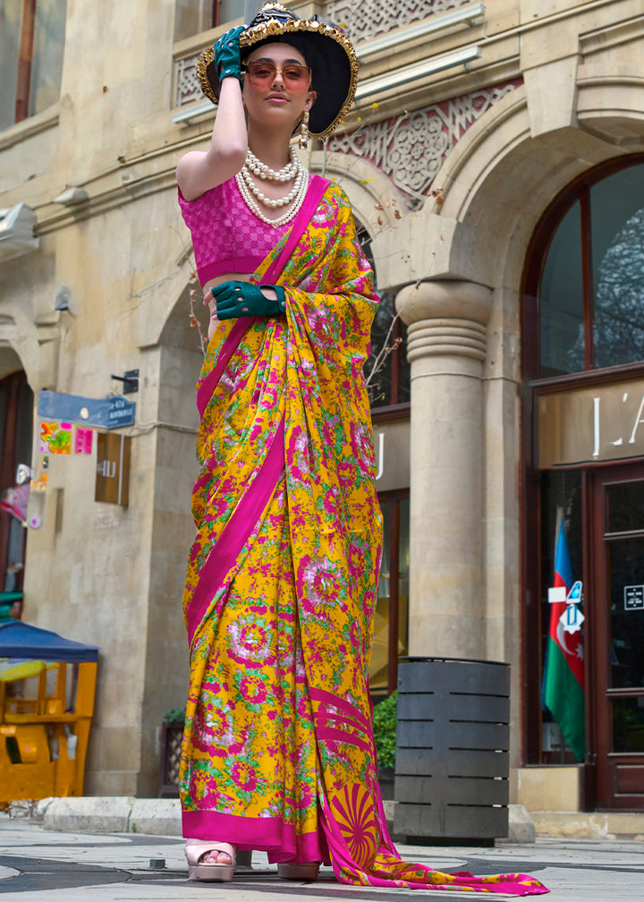 Canary Yellow Contemporary Printed Satin Crepe Sarees