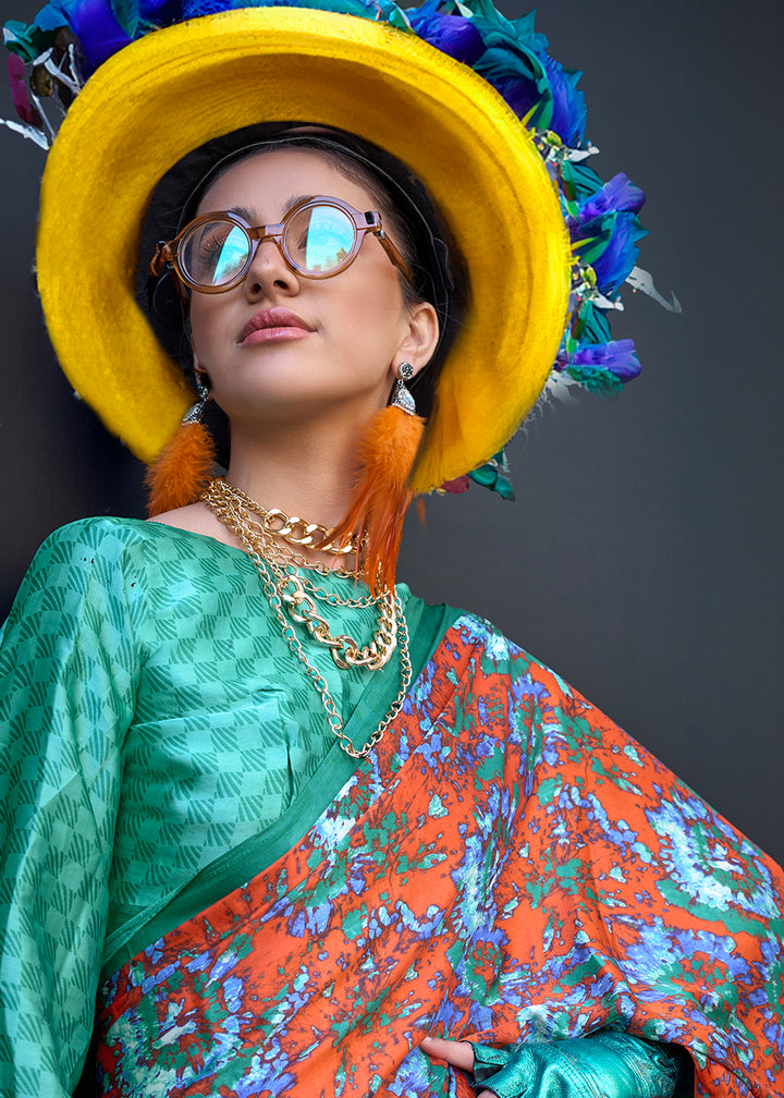 Orange & Green Contemporary Printed Satin Crepe Sarees