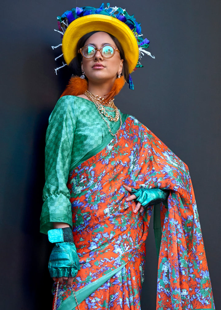 Orange & Green Contemporary Printed Satin Crepe Sarees