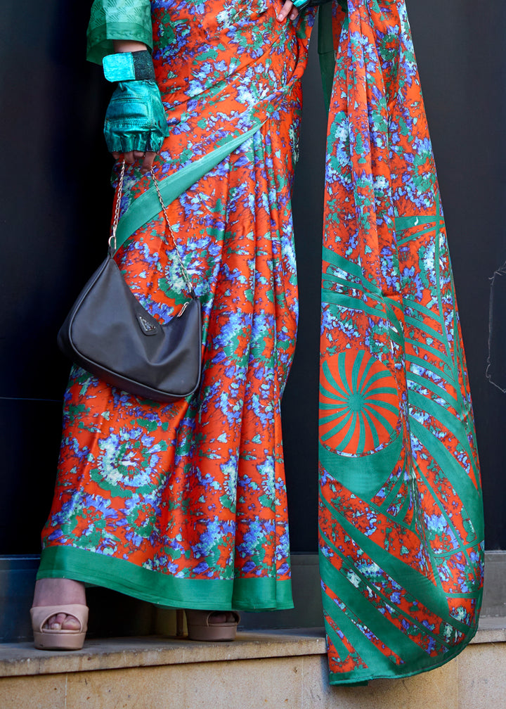 Orange & Green Contemporary Printed Satin Crepe Sarees