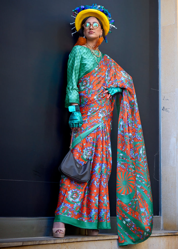 Orange & Green Contemporary Printed Satin Crepe Sarees
