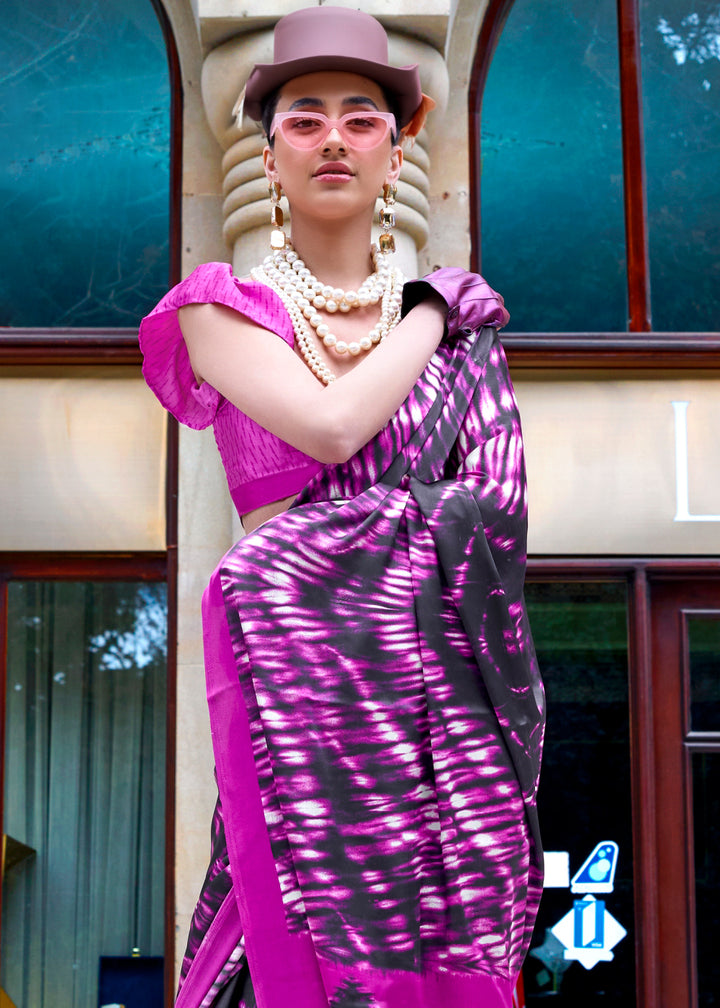 Magenta Pink Contemporary Printed Satin Crepe Sarees