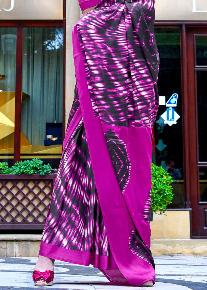 Magenta Pink Contemporary Printed Satin Crepe Sarees