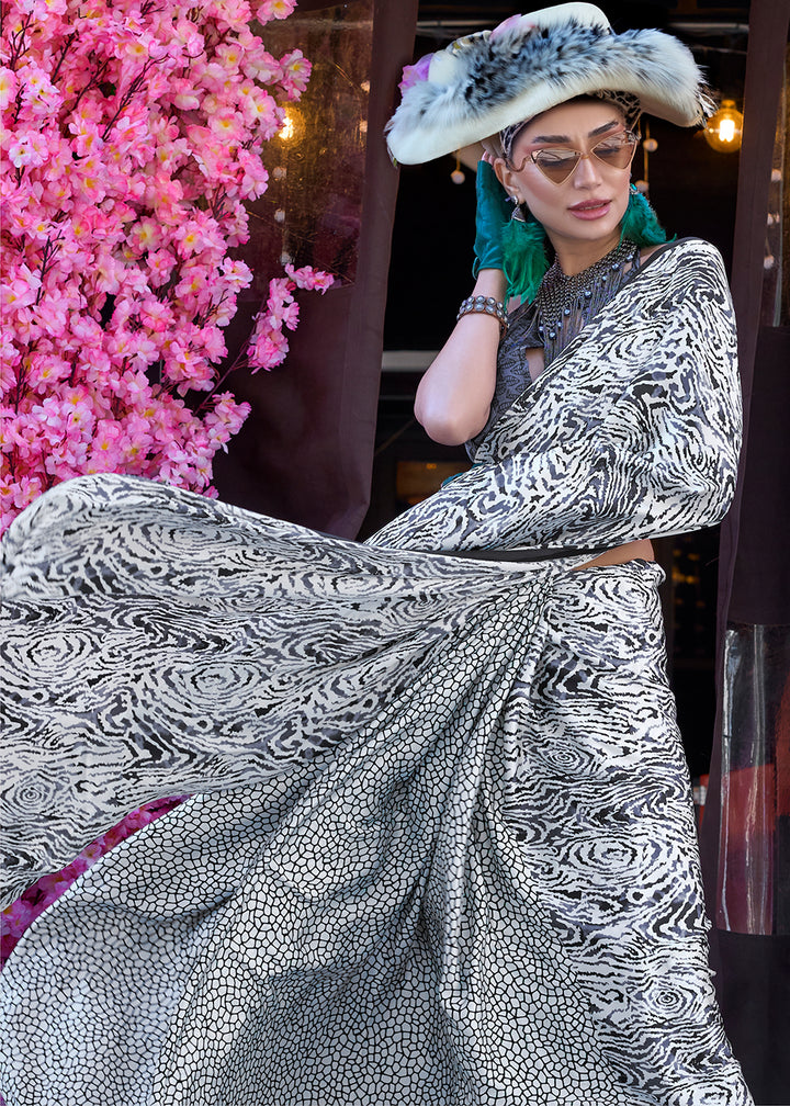 Black & White Contemporary Printed Satin Crepe Sarees