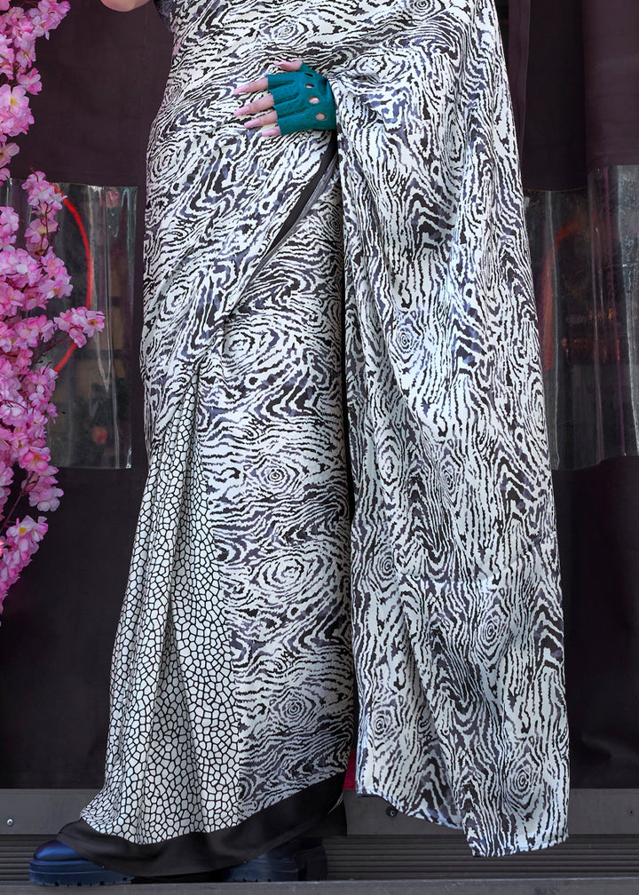 Black & White Contemporary Printed Satin Crepe Sarees