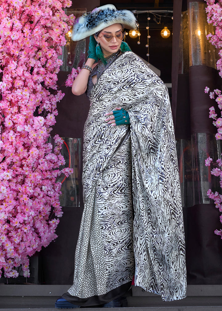 Black & White Contemporary Printed Satin Crepe Sarees
