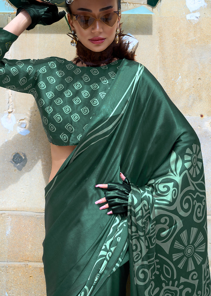 Deep Jungle Green Contemporary Printed Satin Crepe Sarees