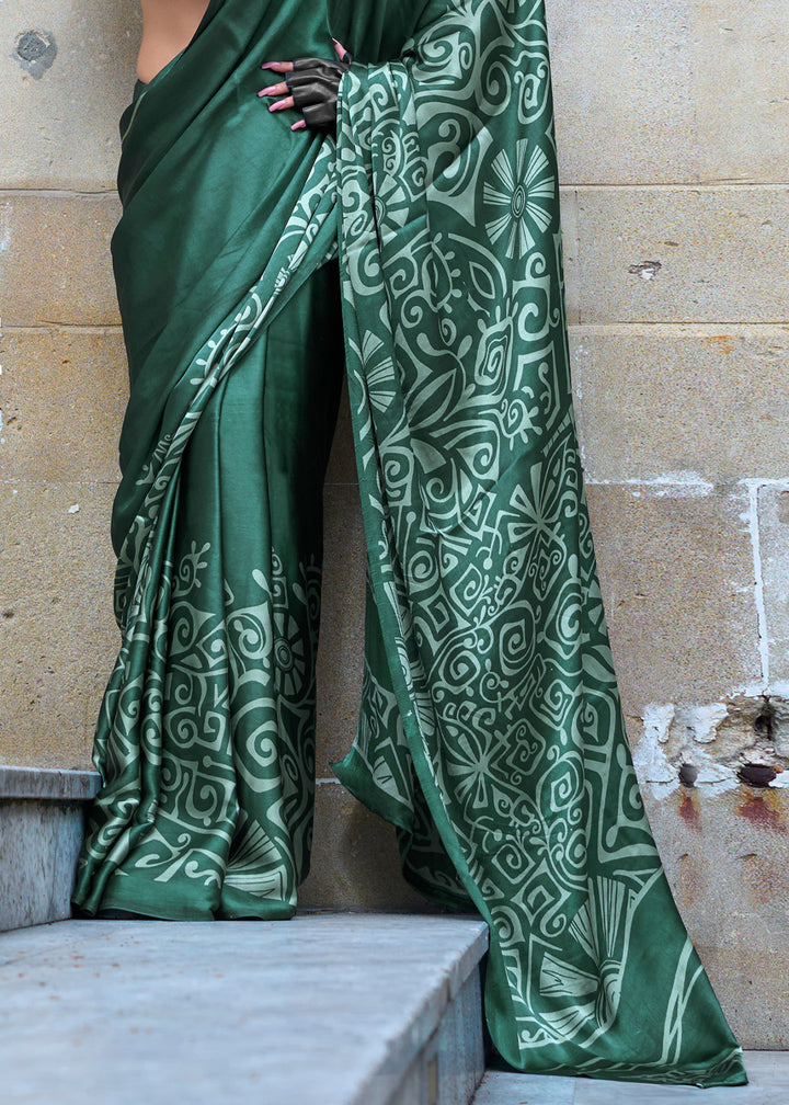 Deep Jungle Green Contemporary Printed Satin Crepe Sarees