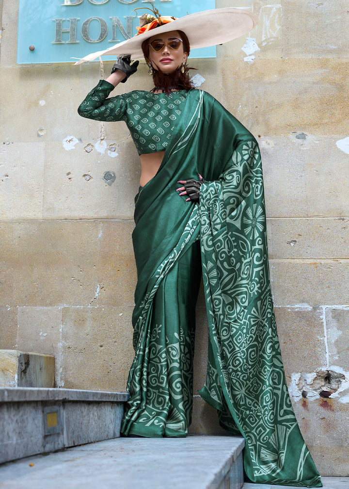 Deep Jungle Green Contemporary Printed Satin Crepe Sarees