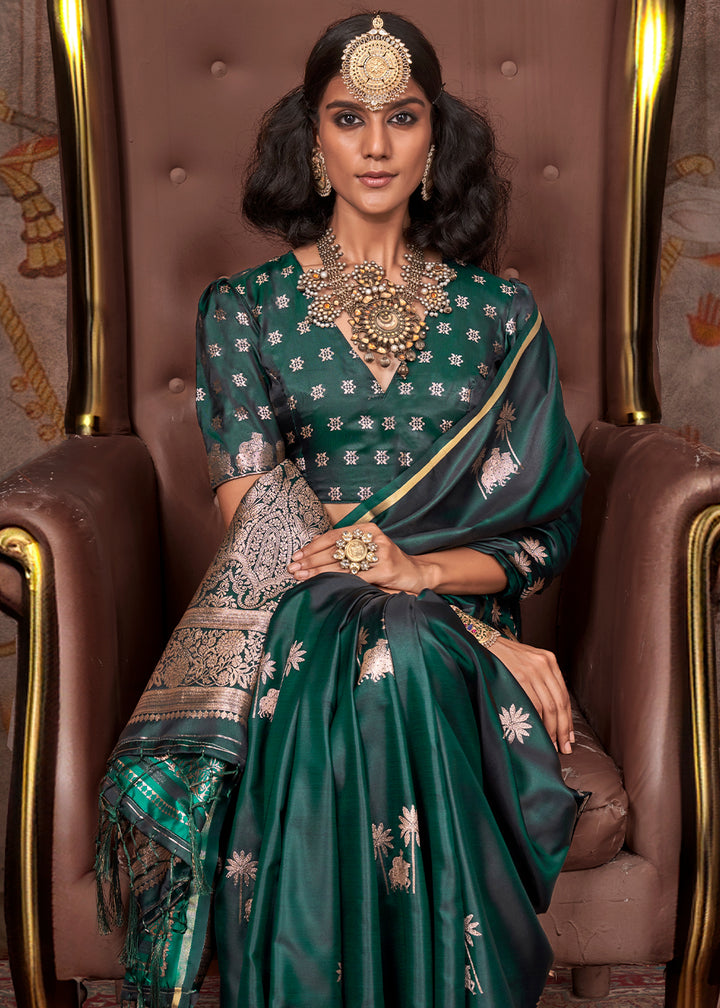 Rama Green Zari Woven Satin Silk Banarasi Saree with Brocade Blouse