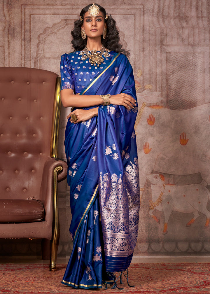 Lapis Blue Zari Woven Satin Silk Banarasi Saree with Brocade Blouse