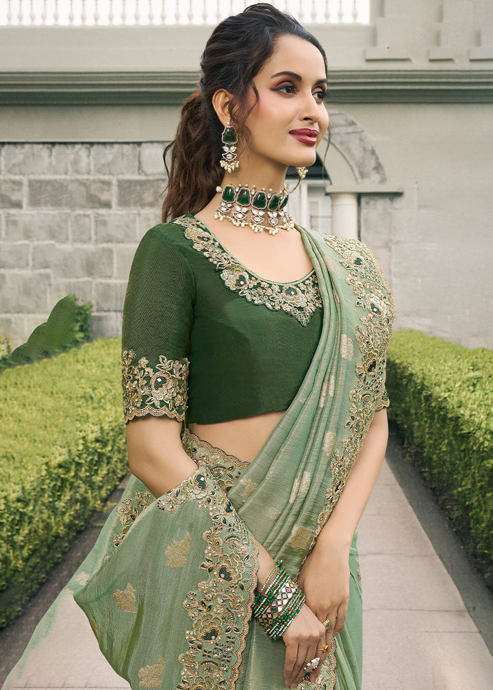Sage Green Tissue Silk Saree with Zari Weave, Embroidery, Stone & Pearl Detailing